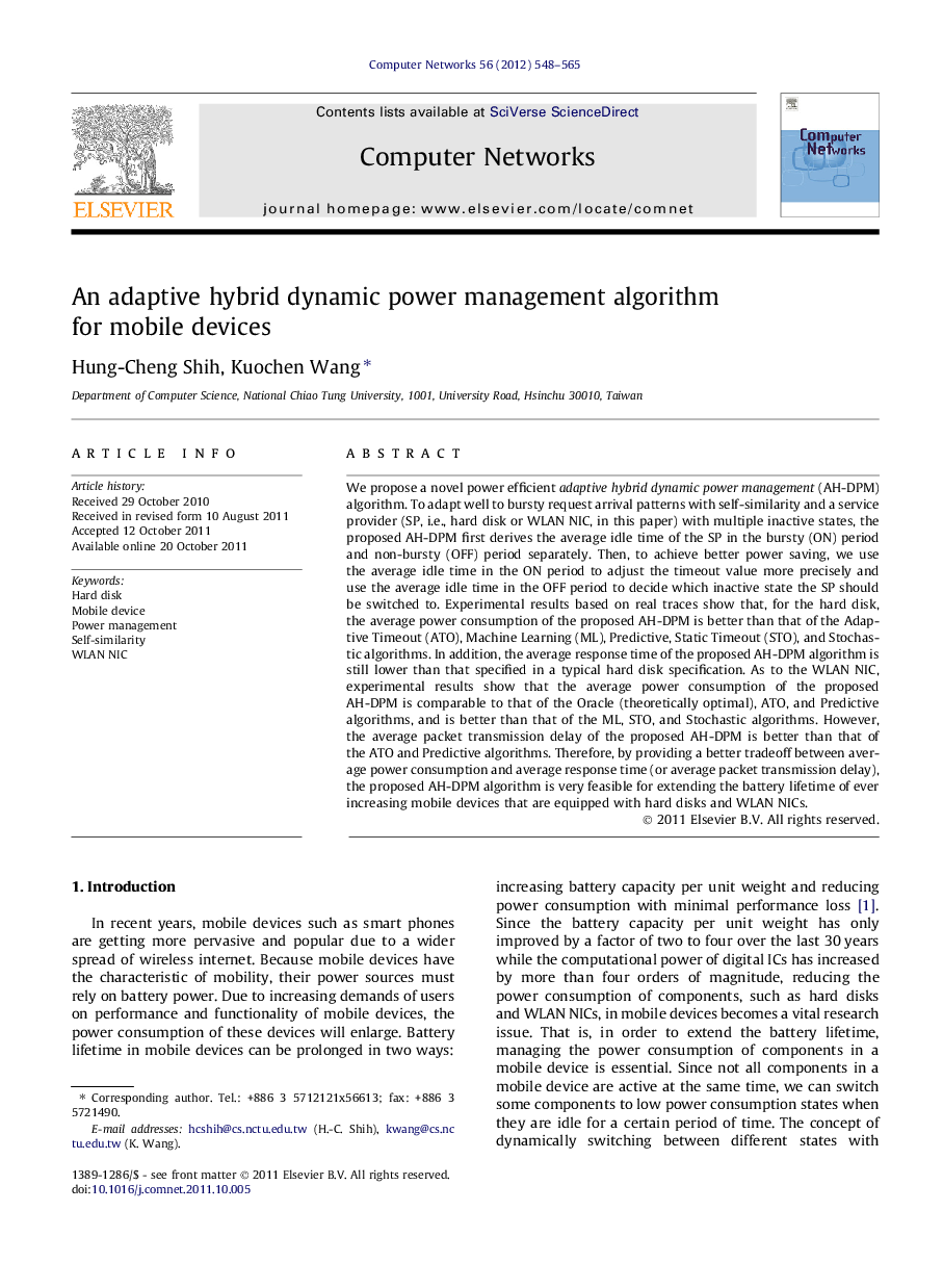 An adaptive hybrid dynamic power management algorithm for mobile devices