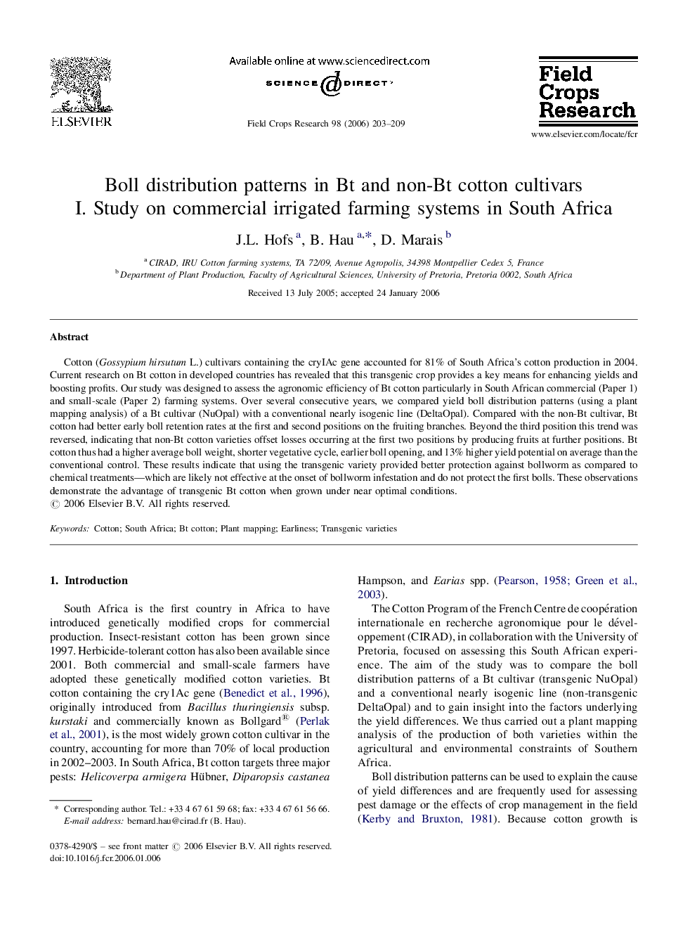 Boll distribution patterns in Bt and non-Bt cotton cultivars: I. Study on commercial irrigated farming systems in South Africa