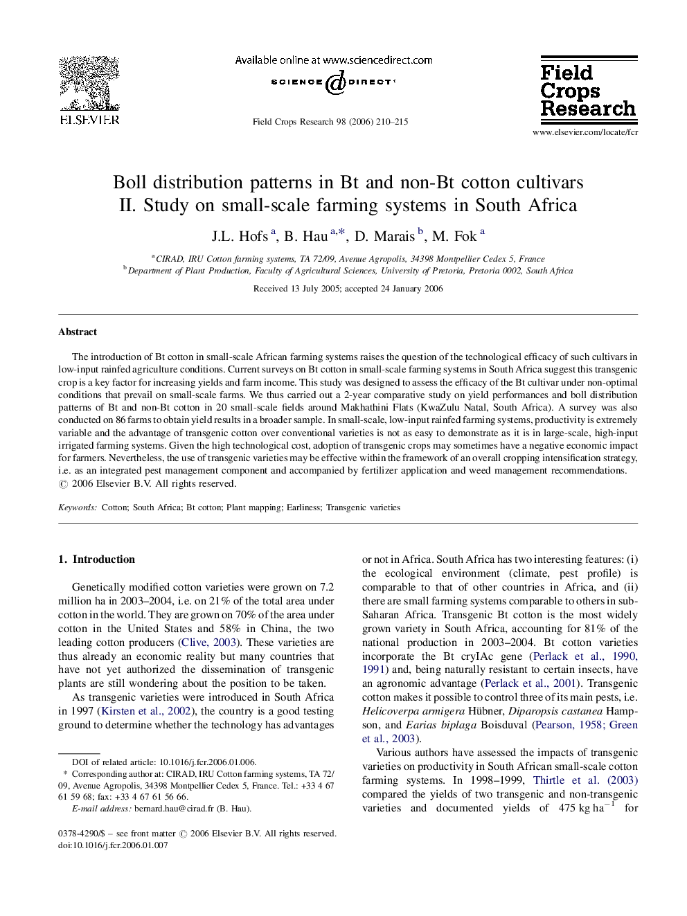 Boll distribution patterns in Bt and non-Bt cotton cultivars: II. Study on small-scale farming systems in South Africa