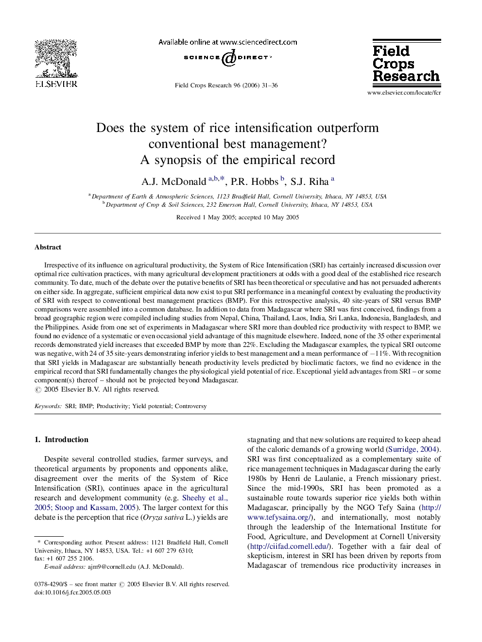 Does the system of rice intensification outperform conventional best management?: A synopsis of the empirical record