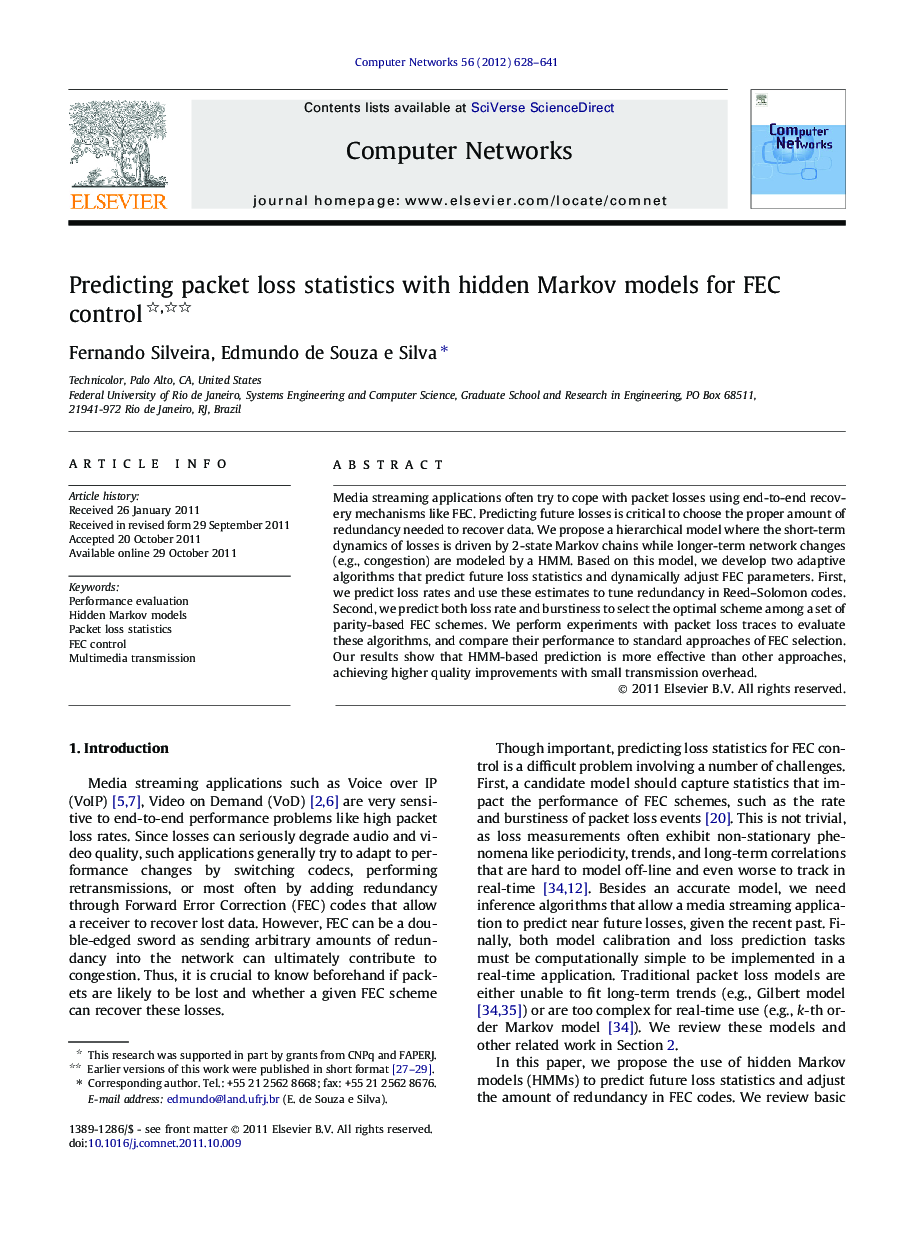 Predicting packet loss statistics with hidden Markov models for FEC control 