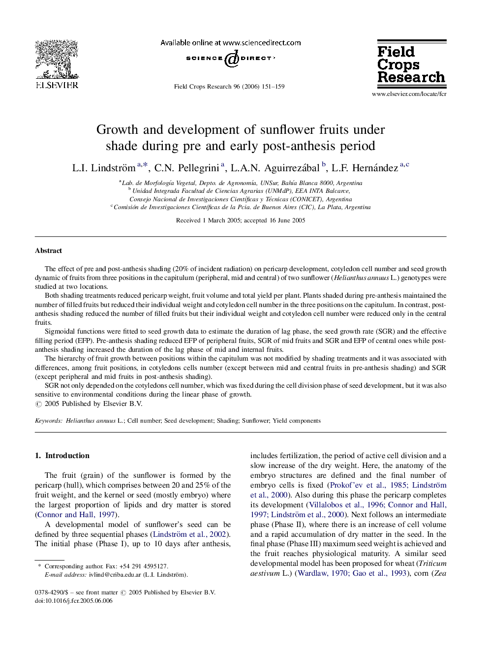 Growth and development of sunflower fruits under shade during pre and early post-anthesis period