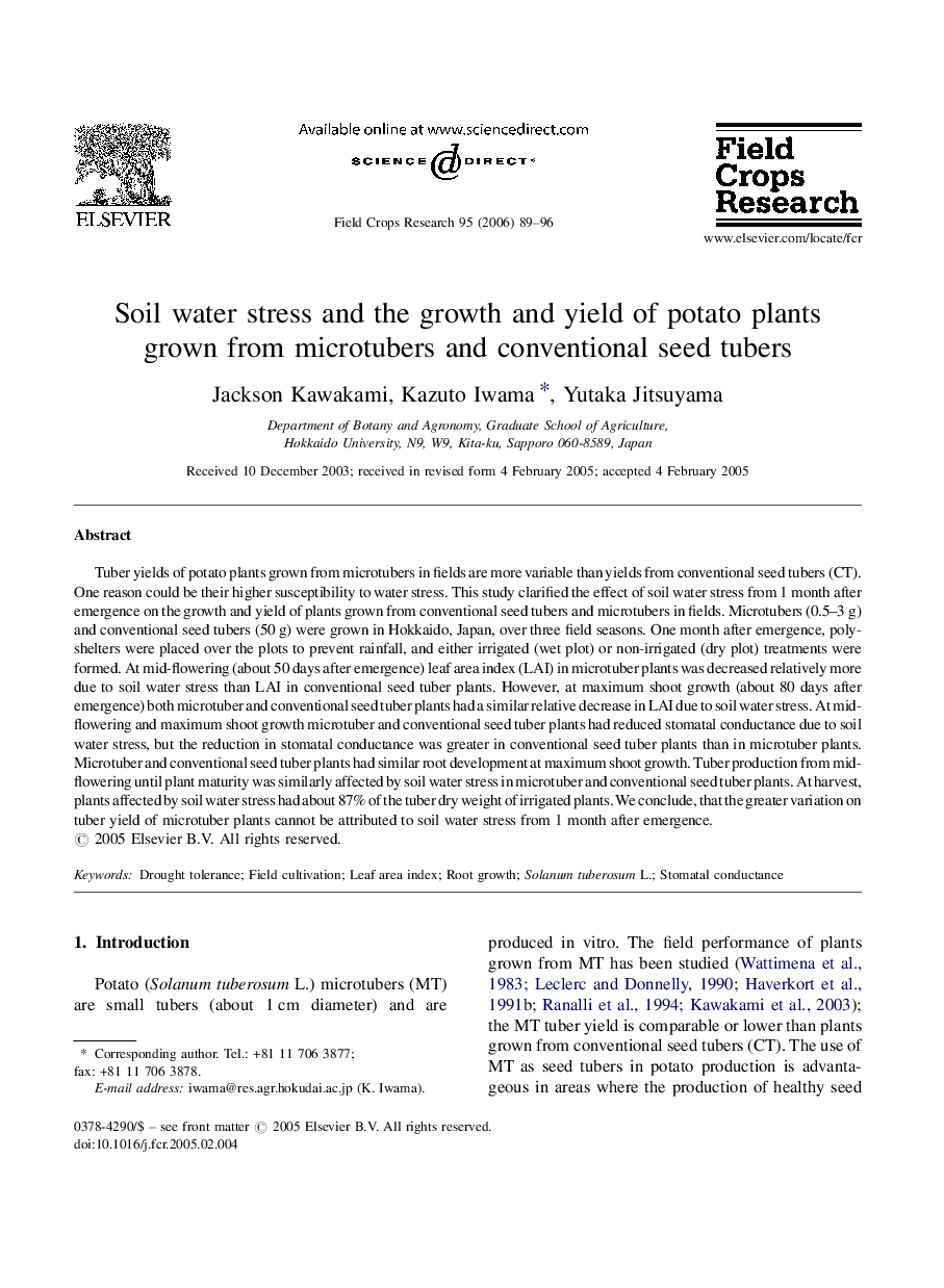 Soil water stress and the growth and yield of potato plants grown from microtubers and conventional seed tubers