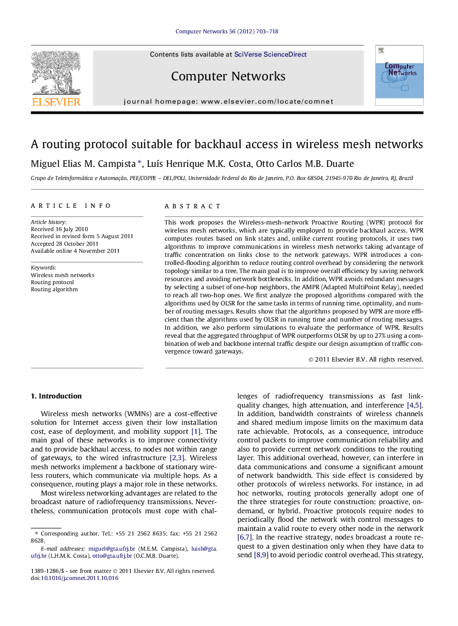 A routing protocol suitable for backhaul access in wireless mesh networks