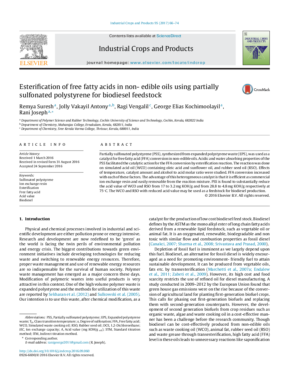 Esterification of free fatty acids in non- edible oils using partially sulfonated polystyrene for biodiesel feedstock