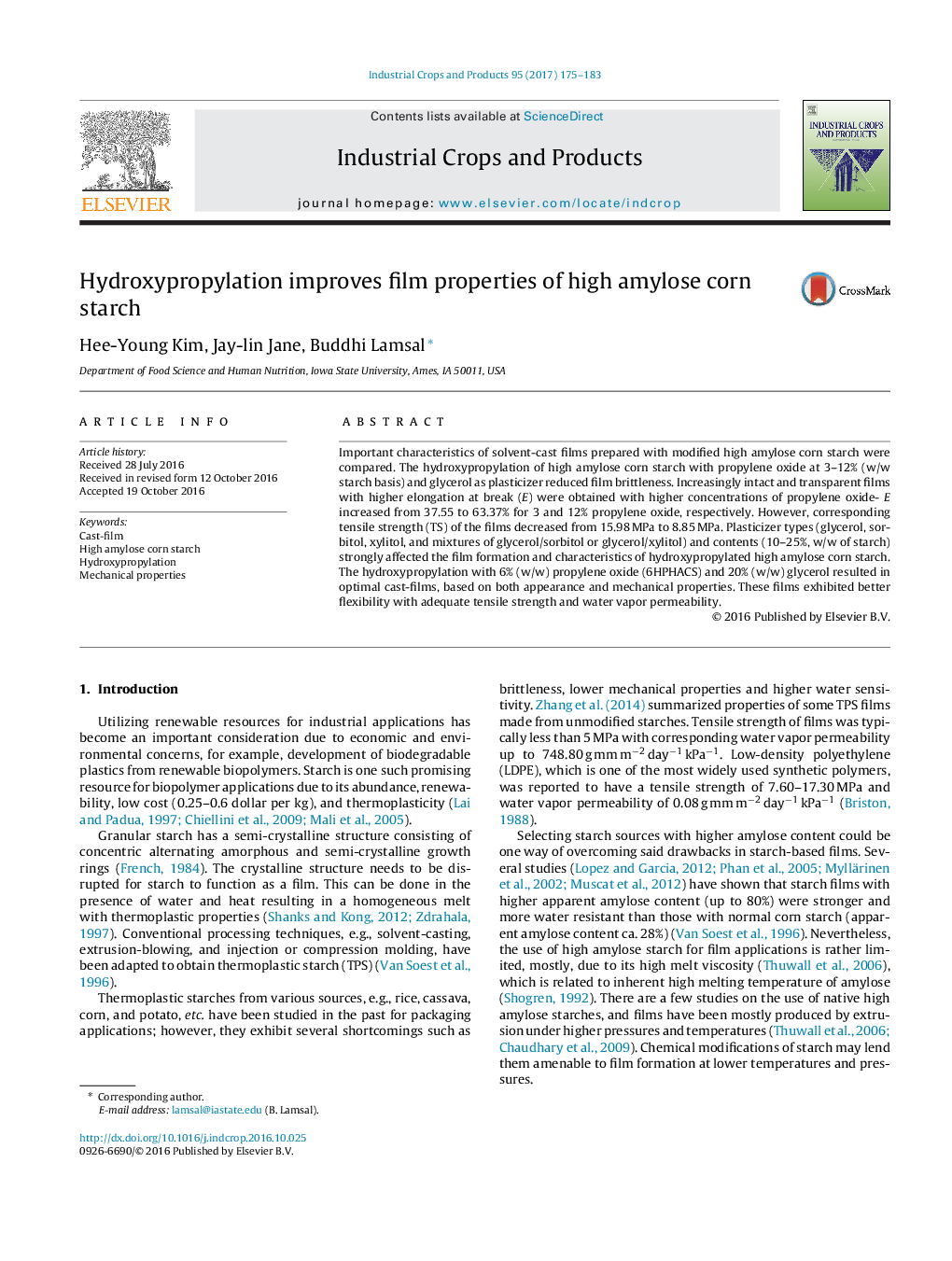 Hydroxypropylation ، خواص فیلم از نشاسته ذرت با درصد آمیلوز بالا را بهبود می بخشد 