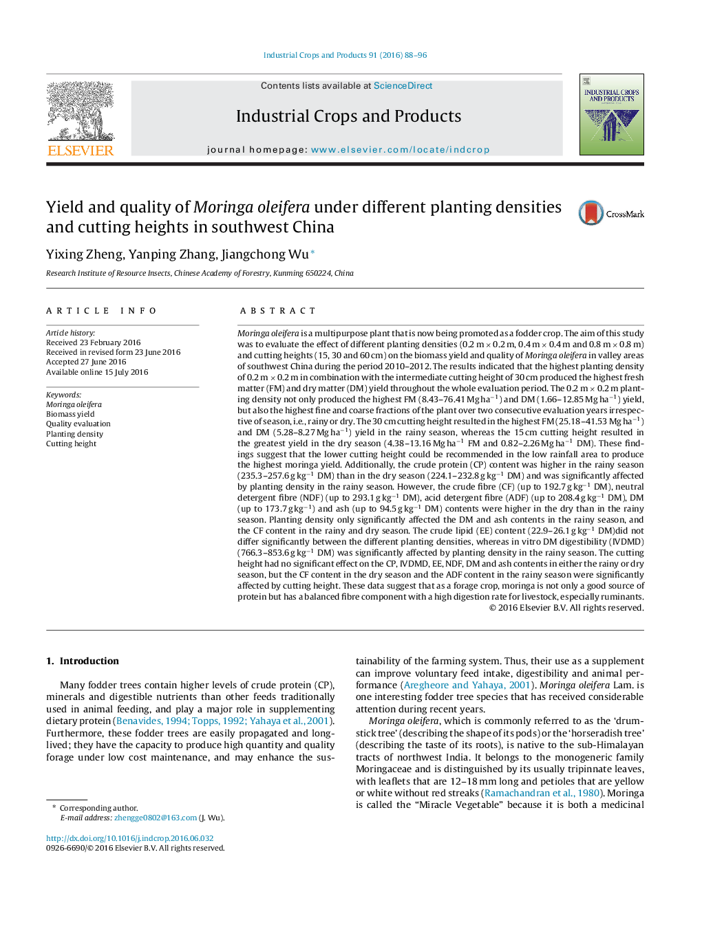 Yield and quality of Moringa oleifera under different planting densities and cutting heights in southwest China