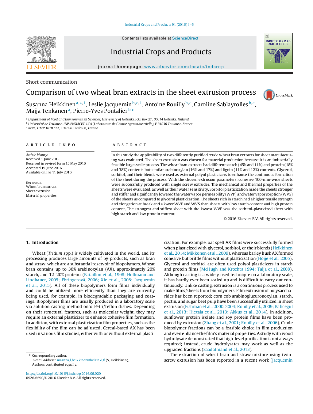 Comparison of two wheat bran extracts in the sheet extrusion process