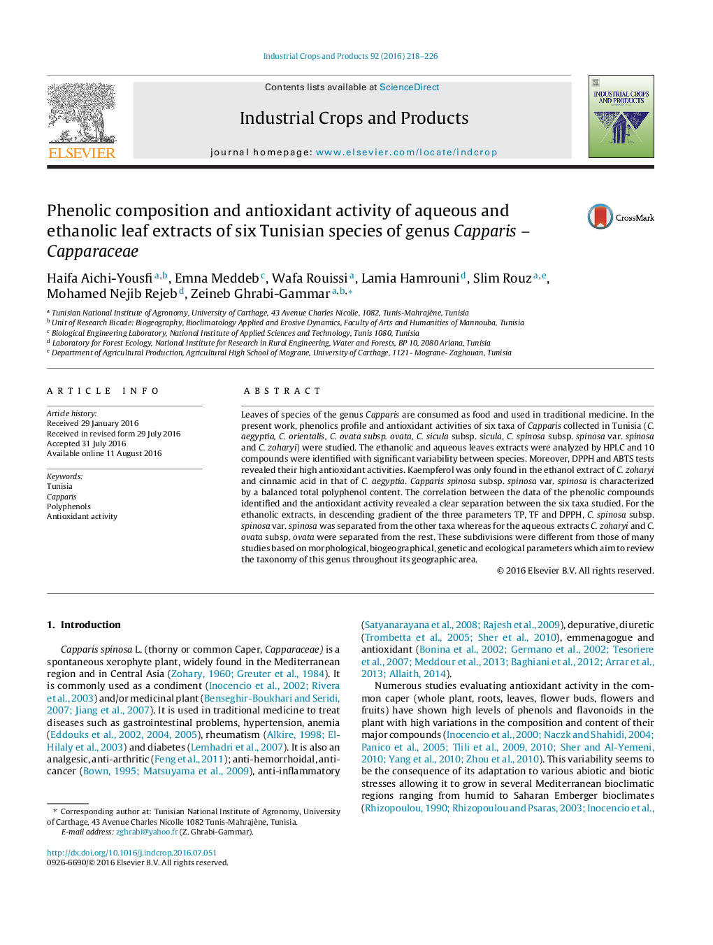 Phenolic composition and antioxidant activity of aqueous and ethanolic leaf extracts of six Tunisian species of genus Capparis – Capparaceae