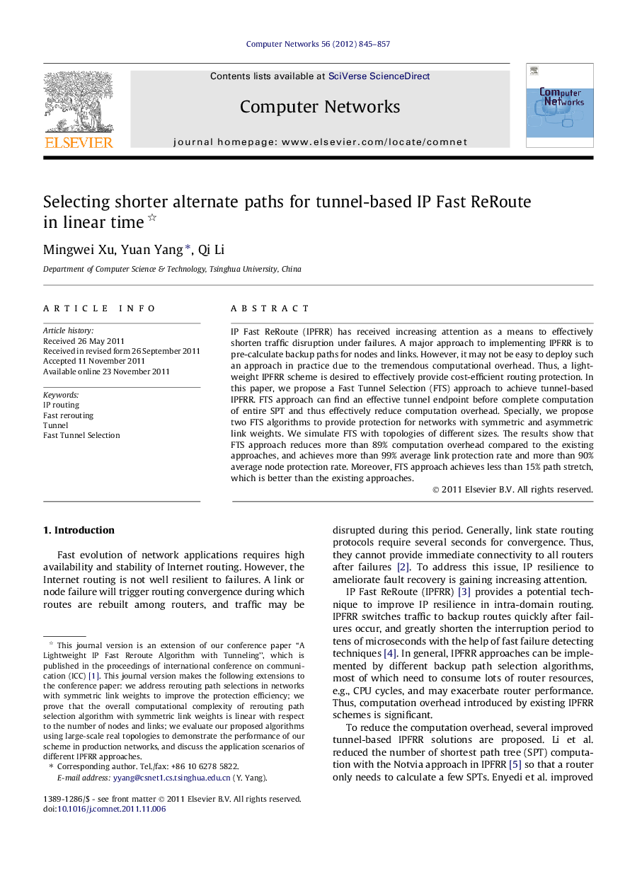 Selecting shorter alternate paths for tunnel-based IP Fast ReRoute in linear time 