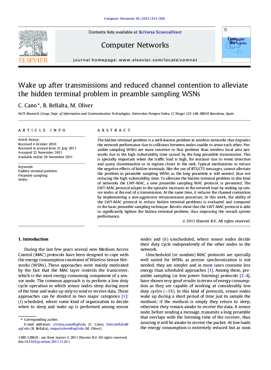 Wake up after transmissions and reduced channel contention to alleviate the hidden terminal problem in preamble sampling WSNs