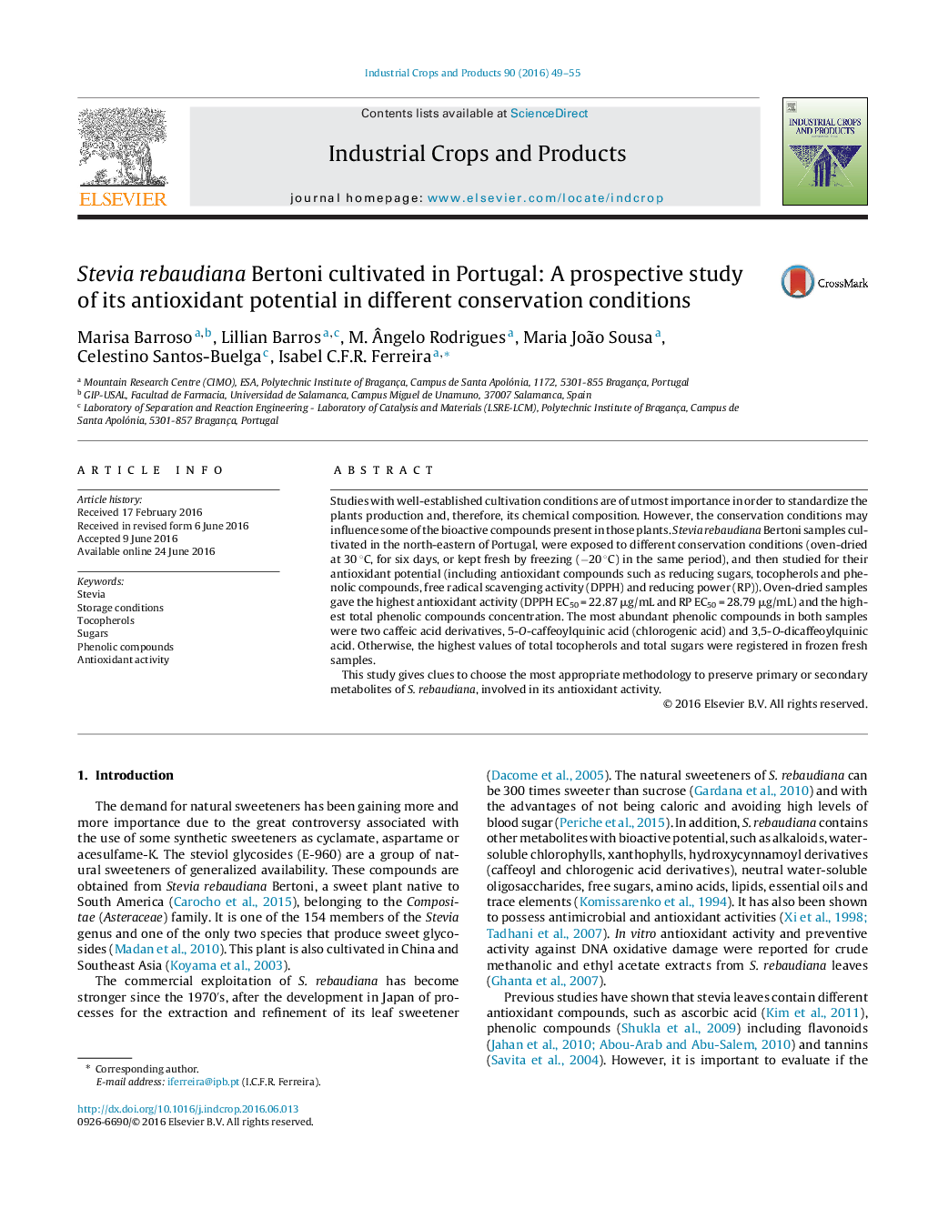 Stevia rebaudiana Bertoni cultivated in Portugal: A prospective study of its antioxidant potential in different conservation conditions