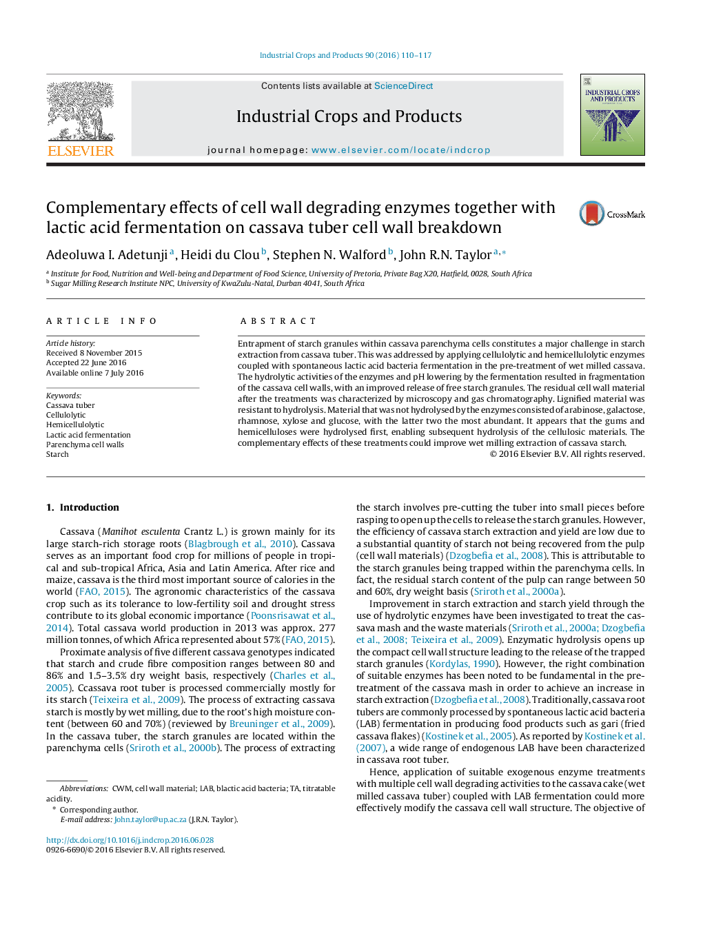 Complementary effects of cell wall degrading enzymes together with lactic acid fermentation on cassava tuber cell wall breakdown