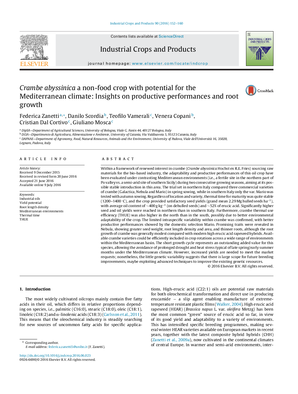 Crambe abyssinica a non-food crop with potential for the Mediterranean climate: Insights on productive performances and root growth