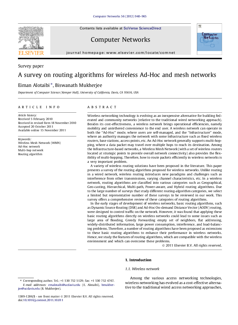 A survey on routing algorithms for wireless Ad-Hoc and mesh networks