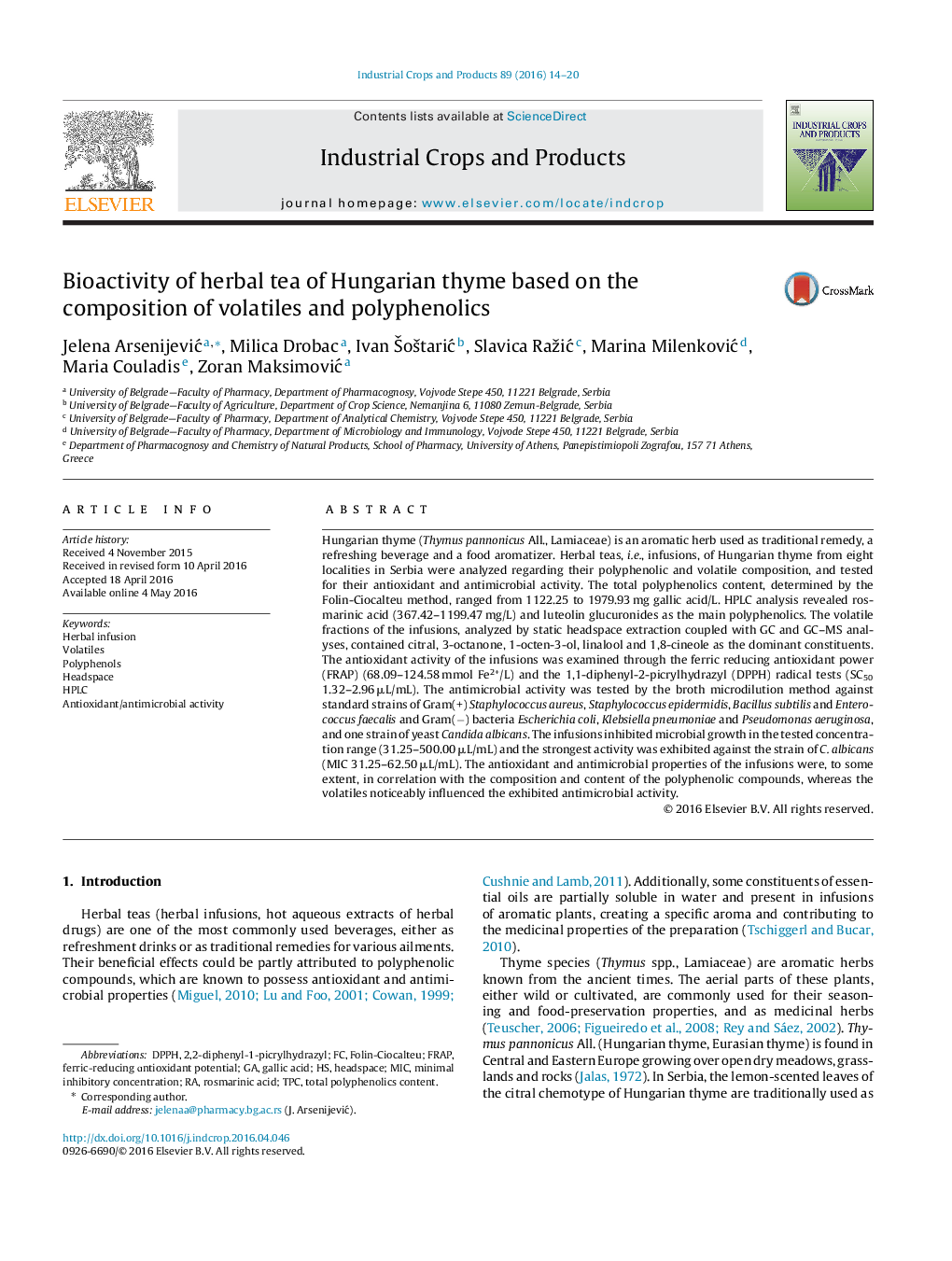 Bioactivity of herbal tea of Hungarian thyme based on the composition of volatiles and polyphenolics