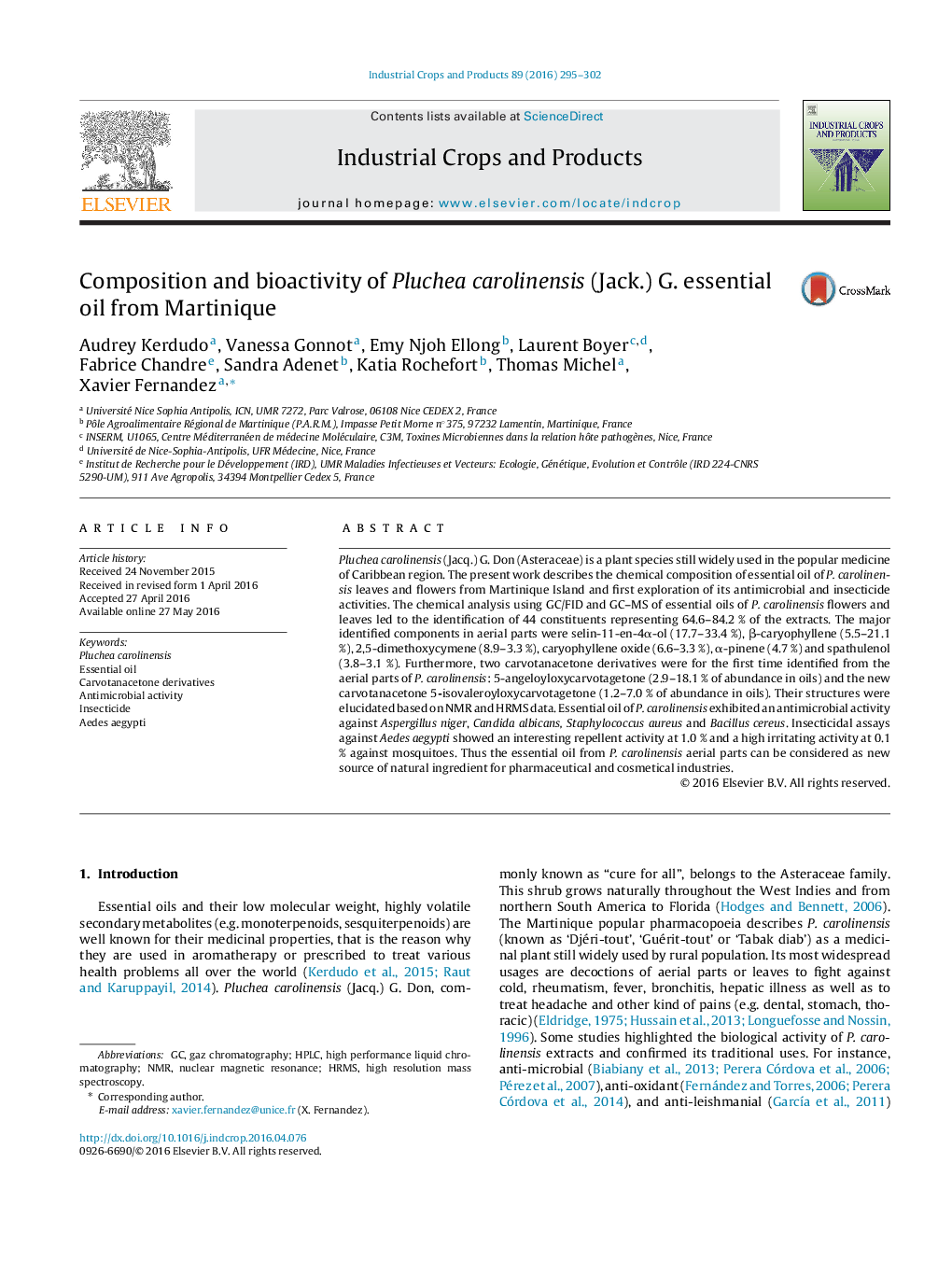 Composition and bioactivity of Pluchea carolinensis (Jack.) G. essential oil from Martinique