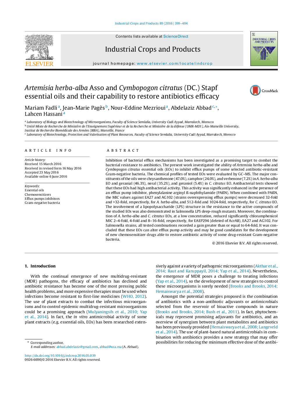 Artemisia herba-alba Asso and Cymbopogon citratus (DC.) Stapf essential oils and their capability to restore antibiotics efficacy