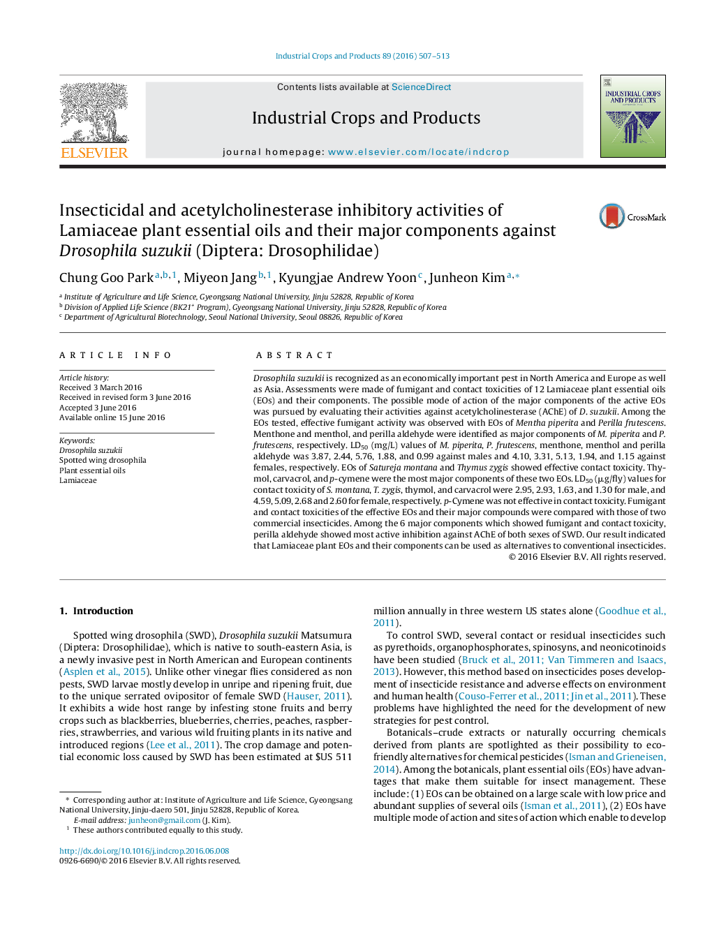 Insecticidal and acetylcholinesterase inhibitory activities of Lamiaceae plant essential oils and their major components against Drosophila suzukii (Diptera: Drosophilidae)