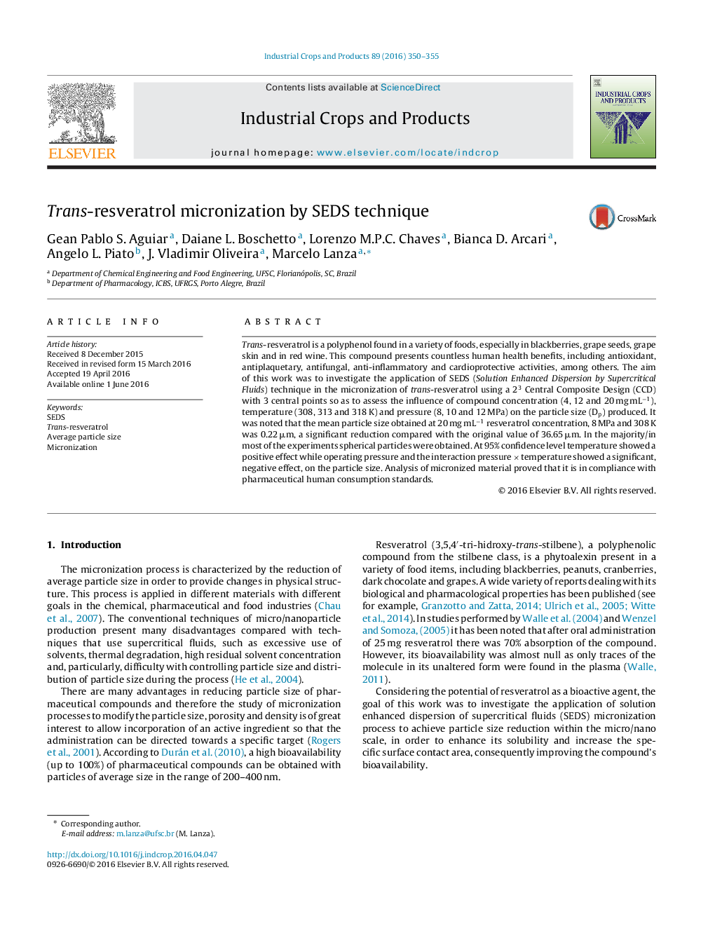 Trans-resveratrol micronization by SEDS technique