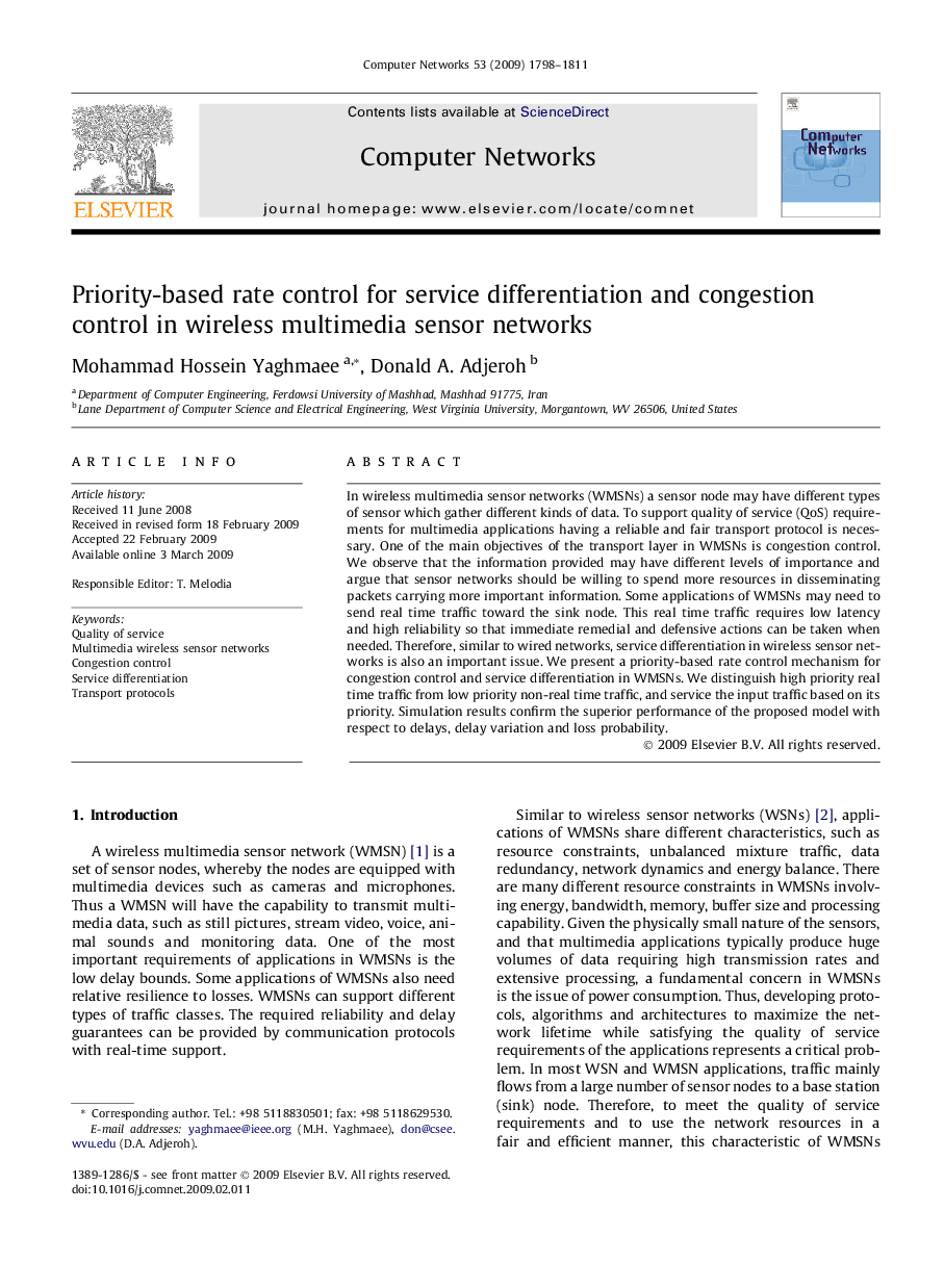 Priority-based rate control for service differentiation and congestion control in wireless multimedia sensor networks