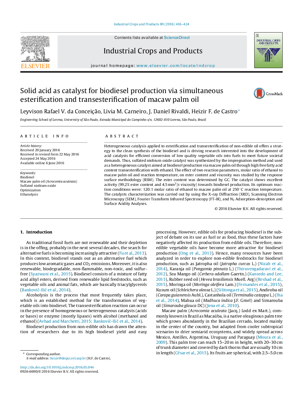 Solid acid as catalyst for biodiesel production via simultaneous esterification and transesterification of macaw palm oil