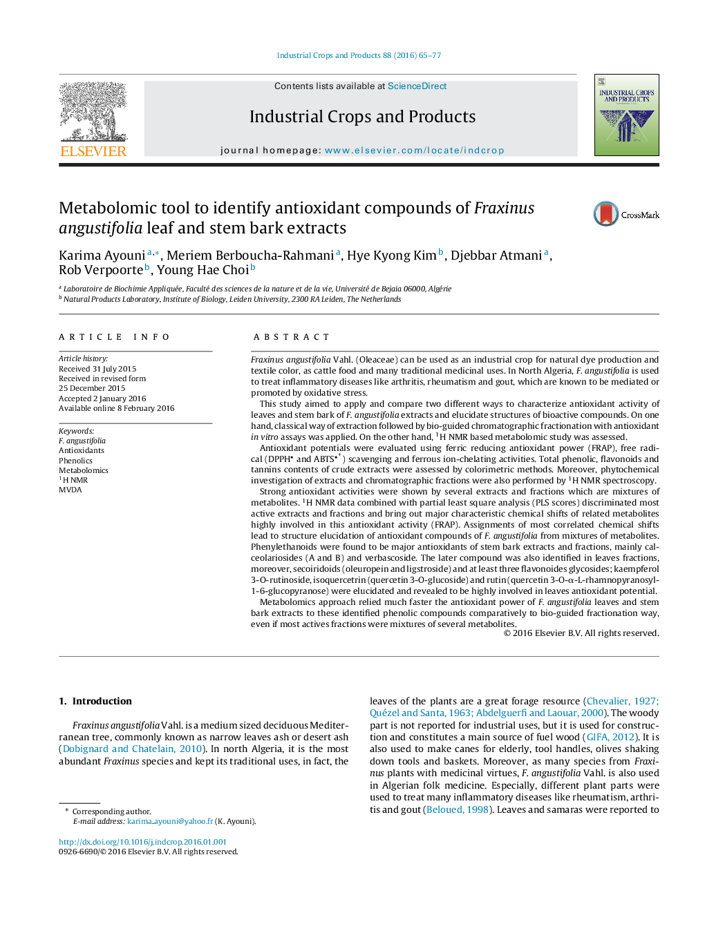 Metabolomic tool to identify antioxidant compounds of Fraxinus angustifolia leaf and stem bark extracts