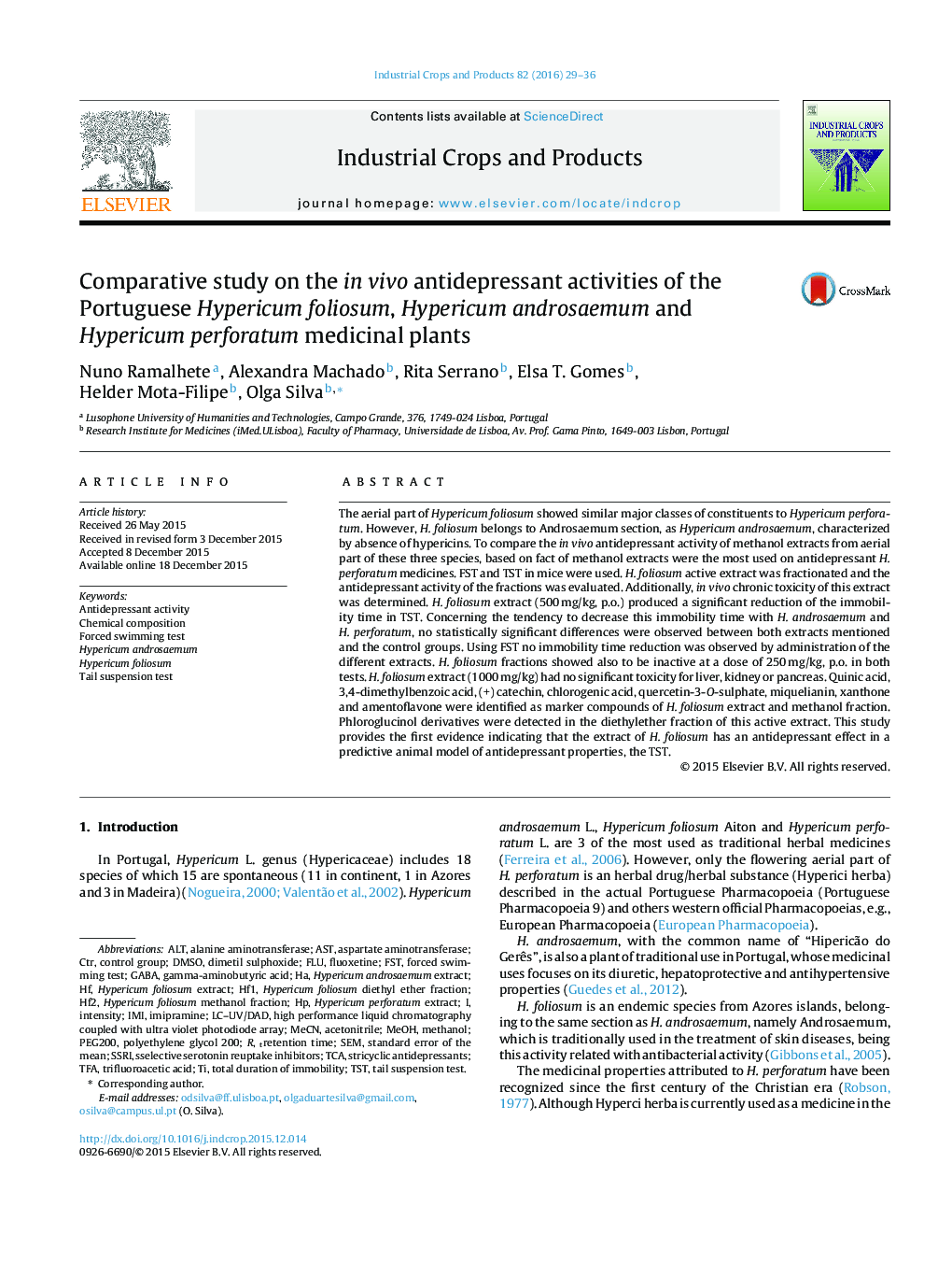 Comparative study on the in vivo antidepressant activities of the Portuguese Hypericum foliosum, Hypericum androsaemum and Hypericum perforatum medicinal plants