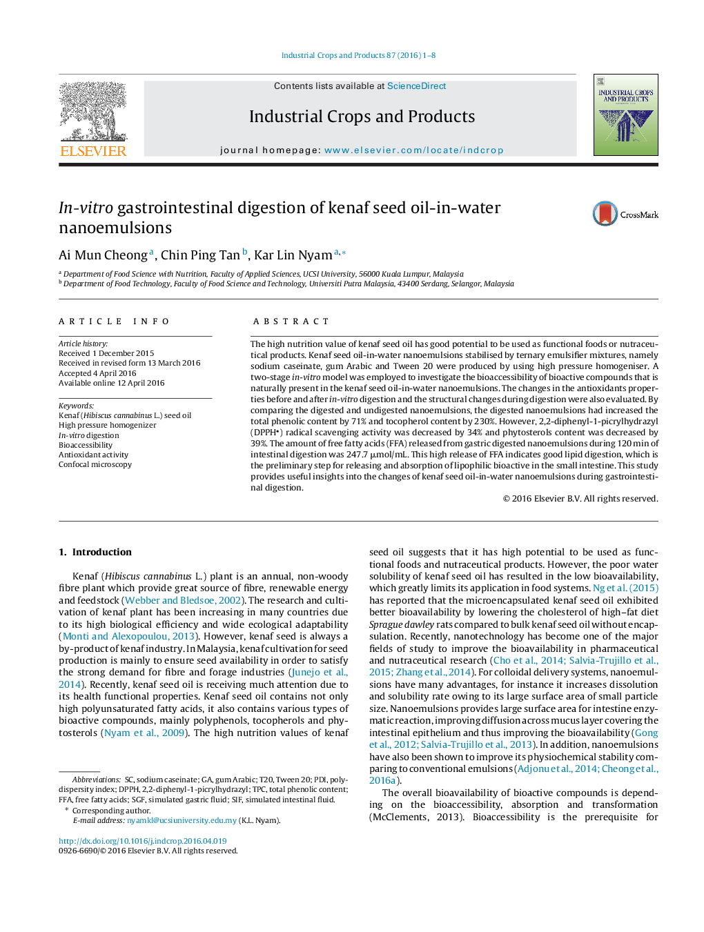 In-vitro gastrointestinal digestion of kenaf seed oil-in-water nanoemulsions