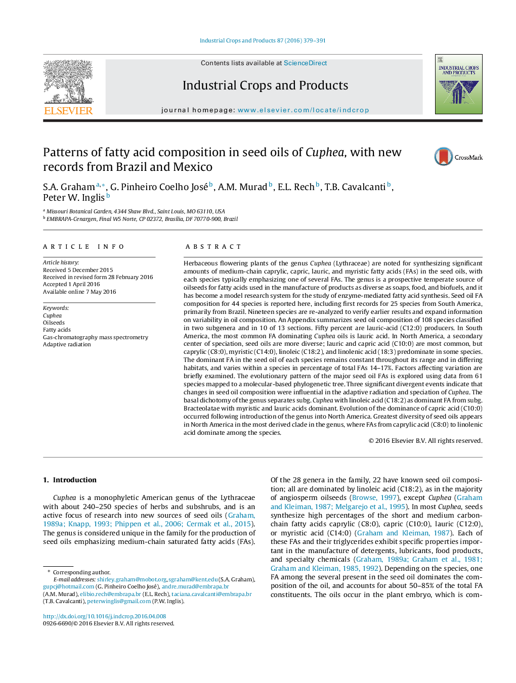 Patterns of fatty acid composition in seed oils of Cuphea, with new records from Brazil and Mexico