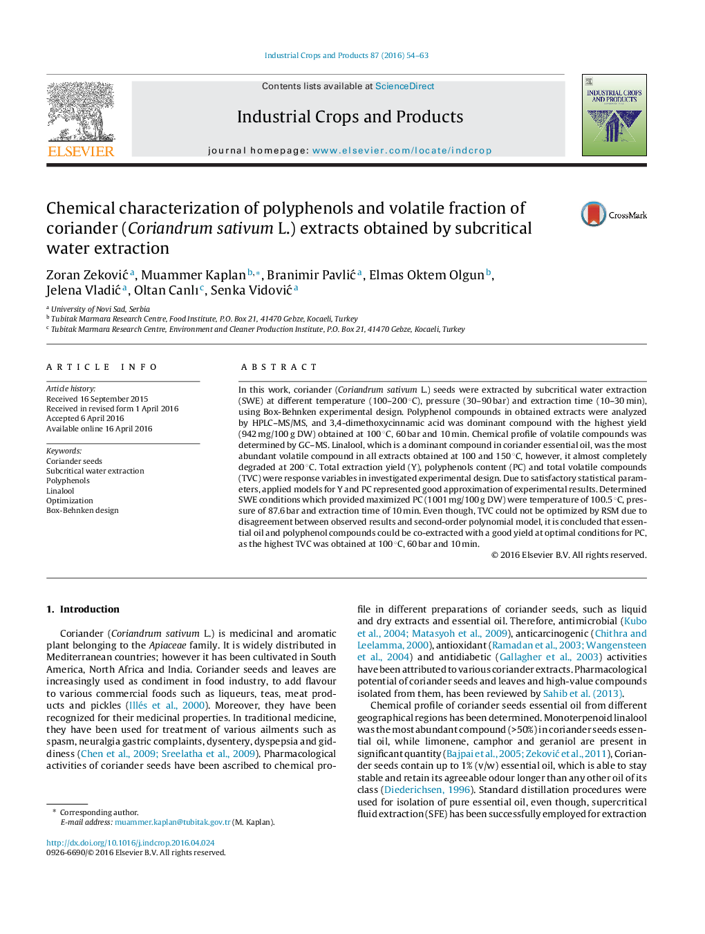 Chemical characterization of polyphenols and volatile fraction of coriander (Coriandrum sativum L.) extracts obtained by subcritical water extraction