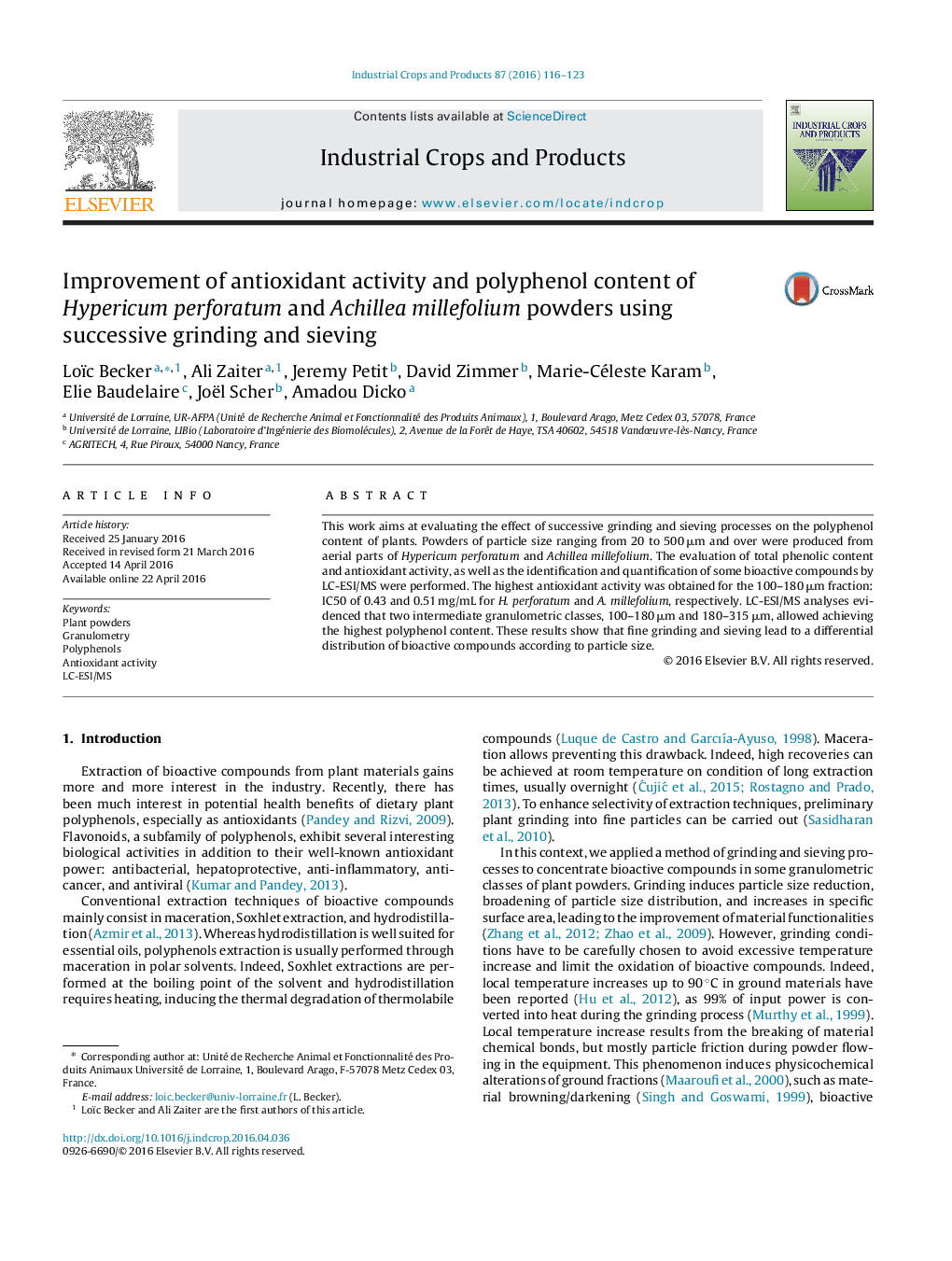 Improvement of antioxidant activity and polyphenol content of Hypericum perforatum and Achillea millefolium powders using successive grinding and sieving