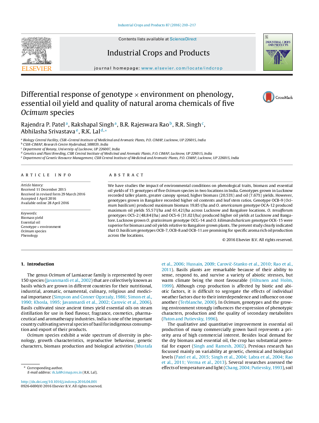 Differential response of genotype × environment on phenology, essential oil yield and quality of natural aroma chemicals of five Ocimum species