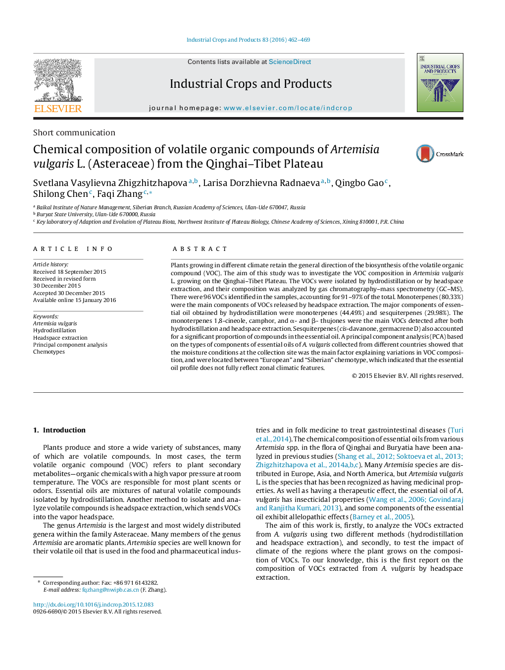 Chemical composition of volatile organic compounds of Artemisia vulgaris L. (Asteraceae) from the Qinghai–Tibet Plateau