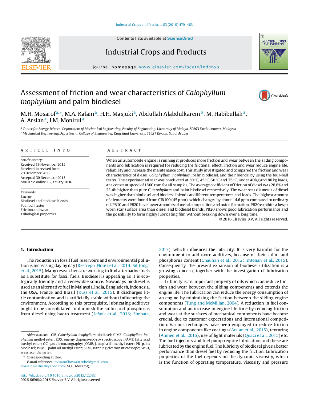 عکس صفحه اول مقاله: Assessment of friction and wear characteristics of Calophyllum inophyllum and palm biodiesel Assessment of friction and wear characteristics of Calophyllum inophyllum and palm biodiesel