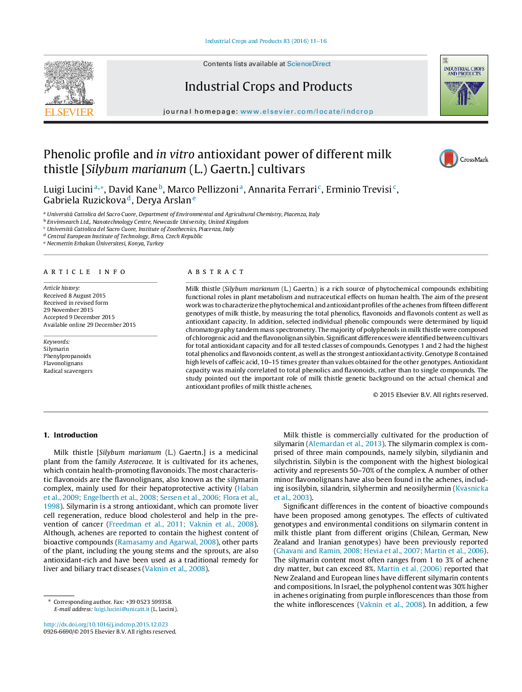 Phenolic profile and in vitro antioxidant power of different milk thistle [Silybum marianum (L.) Gaertn.] cultivars