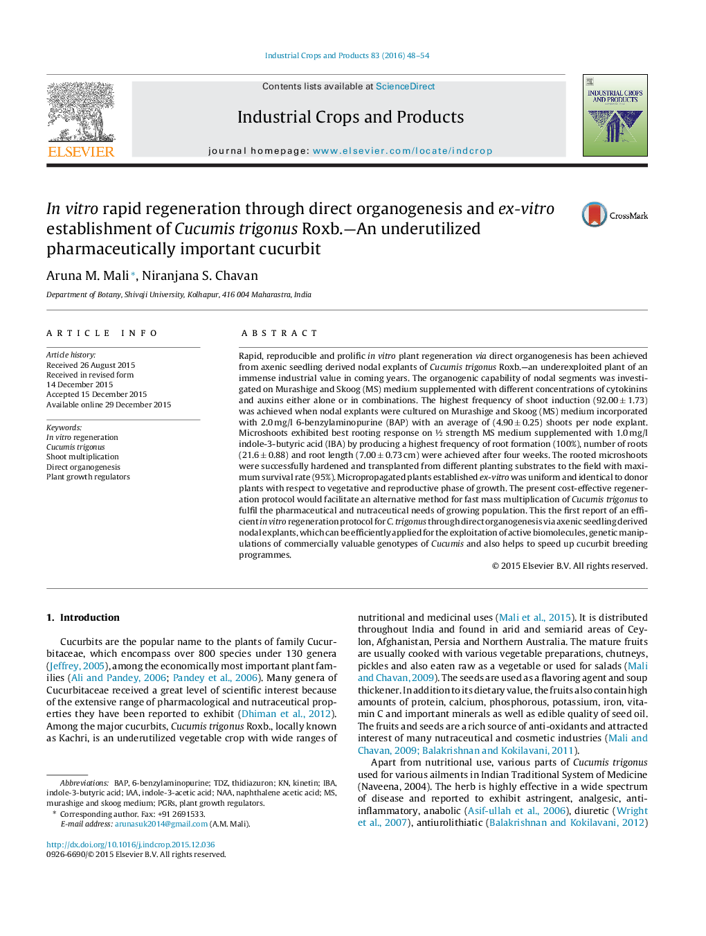 In vitro rapid regeneration through direct organogenesis and ex-vitro establishment of Cucumis trigonus Roxb.—An underutilized pharmaceutically important cucurbit