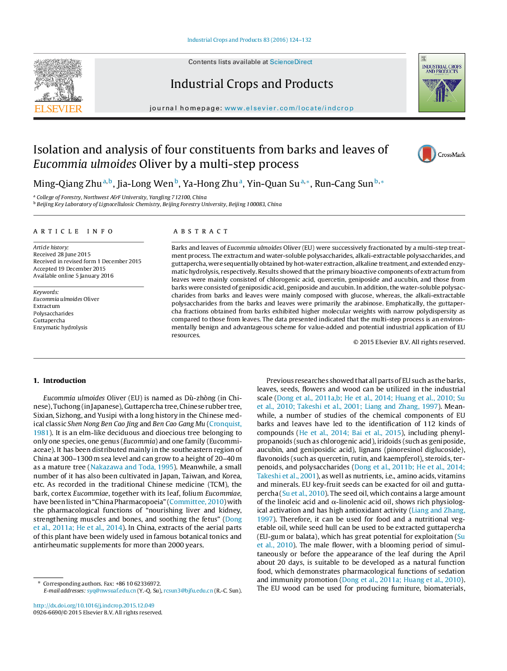 Isolation and analysis of four constituents from barks and leaves of Eucommia ulmoides Oliver by a multi-step process