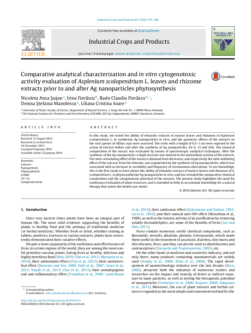 Comparative analytical characterization and in vitro cytogenotoxic activity evaluation of Asplenium scolopendrium L. leaves and rhizome extracts prior to and after Ag nanoparticles phytosynthesis