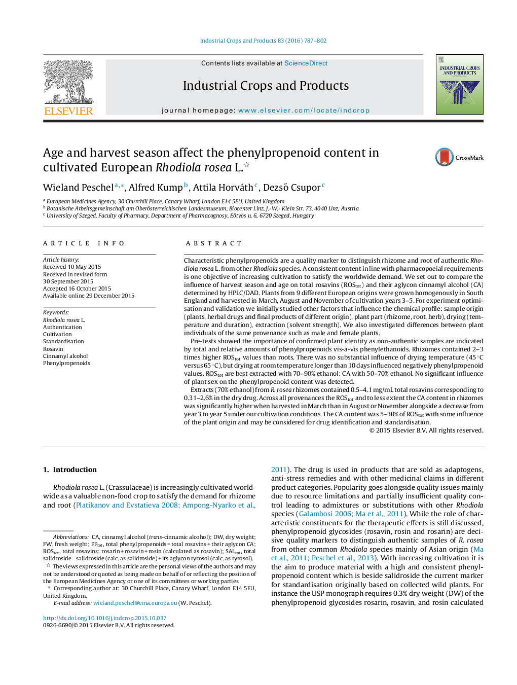 Age and harvest season affect the phenylpropenoid content in cultivated European Rhodiola rosea L. 