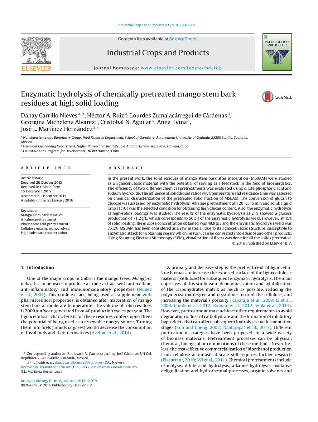 Enzymatic hydrolysis of chemically pretreated mango stem bark residues at high solid loading