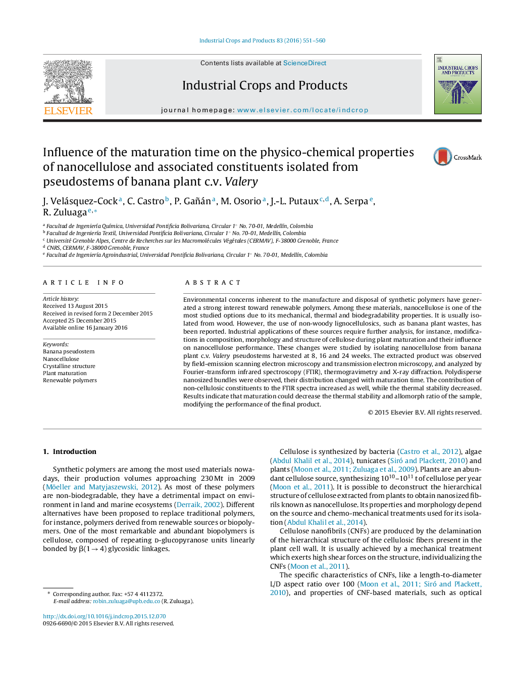 Influence of the maturation time on the physico-chemical properties of nanocellulose and associated constituents isolated from pseudostems of banana plant c.v. Valery