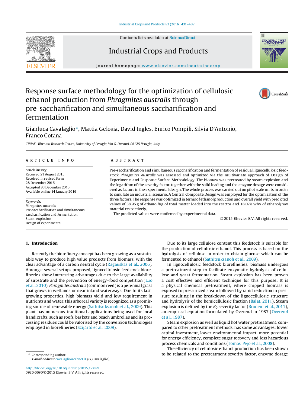 Response surface methodology for the optimization of cellulosic ethanol production from Phragmites australis through pre-saccharification and simultaneous saccharification and fermentation