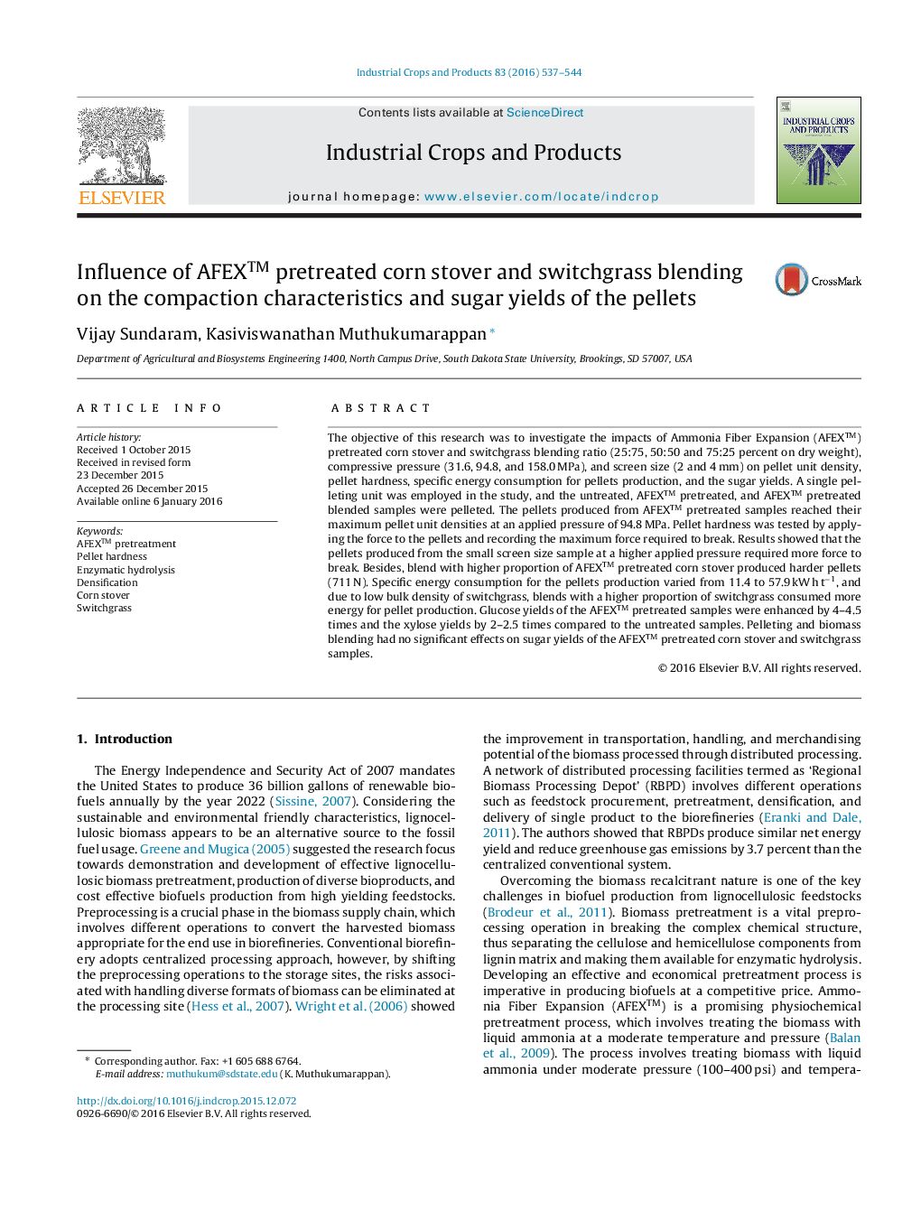 Influence of AFEX™ pretreated corn stover and switchgrass blending on the compaction characteristics and sugar yields of the pellets