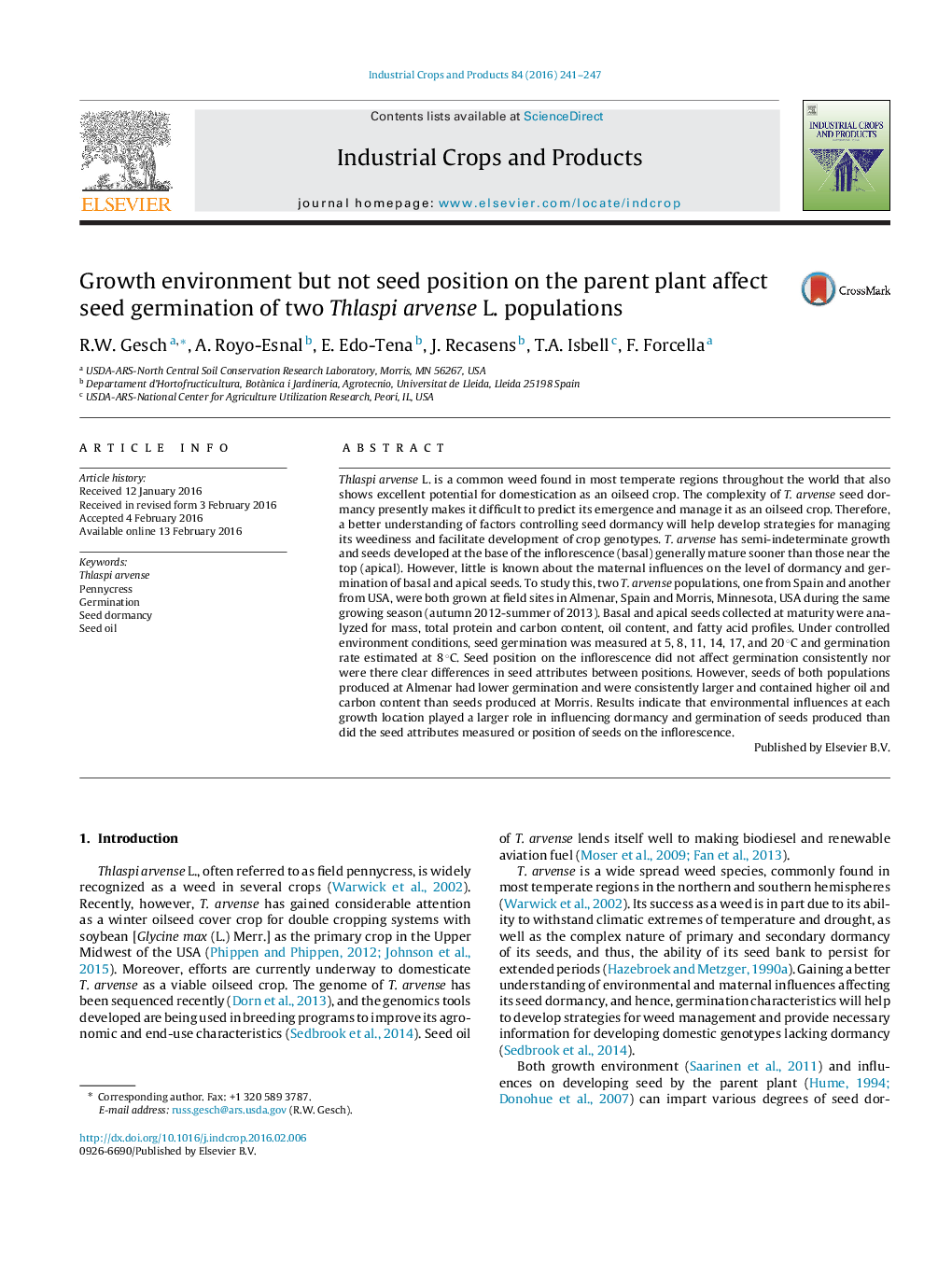 Growth environment but not seed position on the parent plant affect seed germination of two Thlaspi arvense L. populations