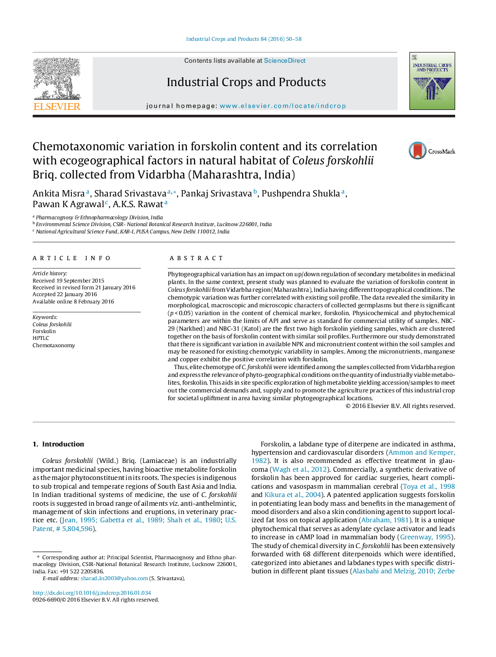 Chemotaxonomic variation in forskolin content and its correlation with ecogeographical factors in natural habitat of Coleus forskohlii Briq. collected from Vidarbha (Maharashtra, India)