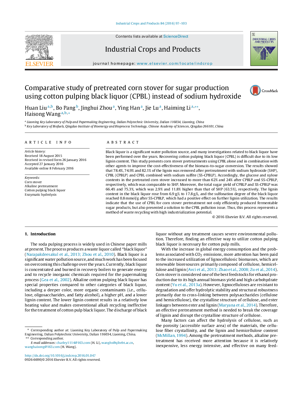 Comparative study of pretreated corn stover for sugar production using cotton pulping black liquor (CPBL) instead of sodium hydroxide