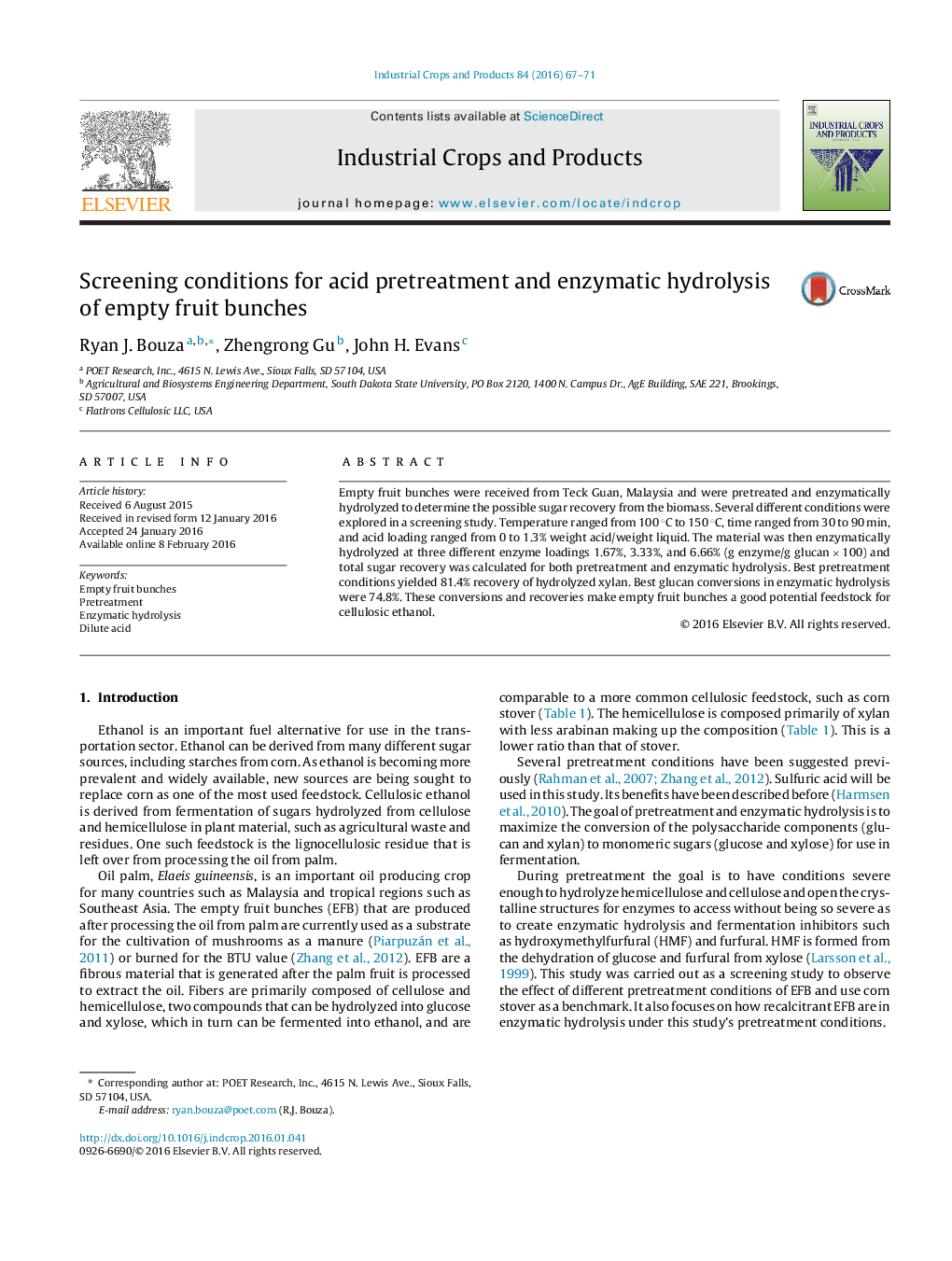 Screening conditions for acid pretreatment and enzymatic hydrolysis of empty fruit bunches