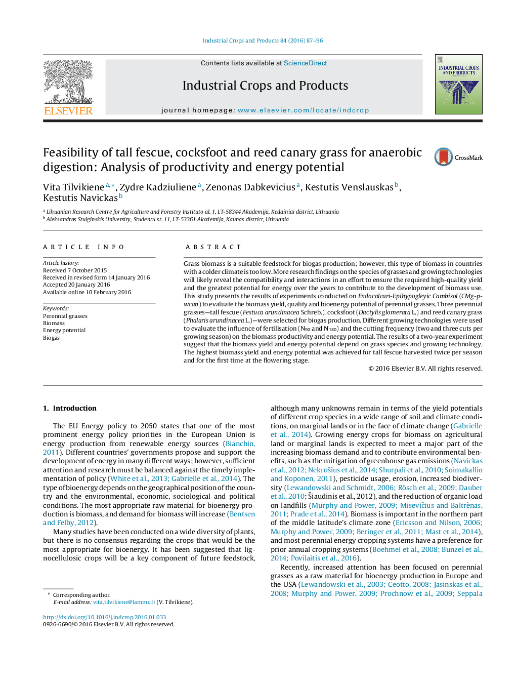 Feasibility of tall fescue, cocksfoot and reed canary grass for anaerobic digestion: Analysis of productivity and energy potential