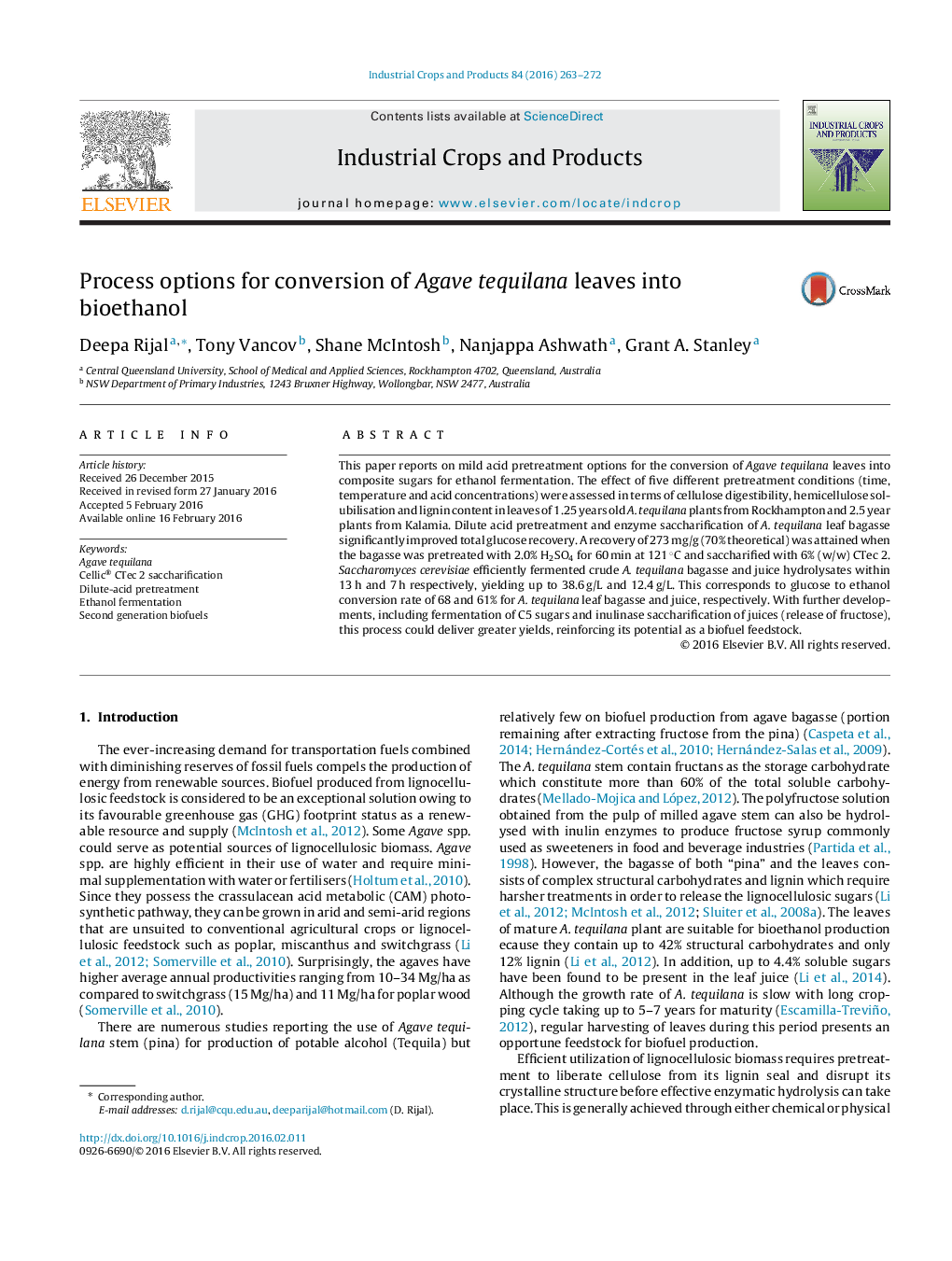 Process options for conversion of Agave tequilana leaves into bioethanol